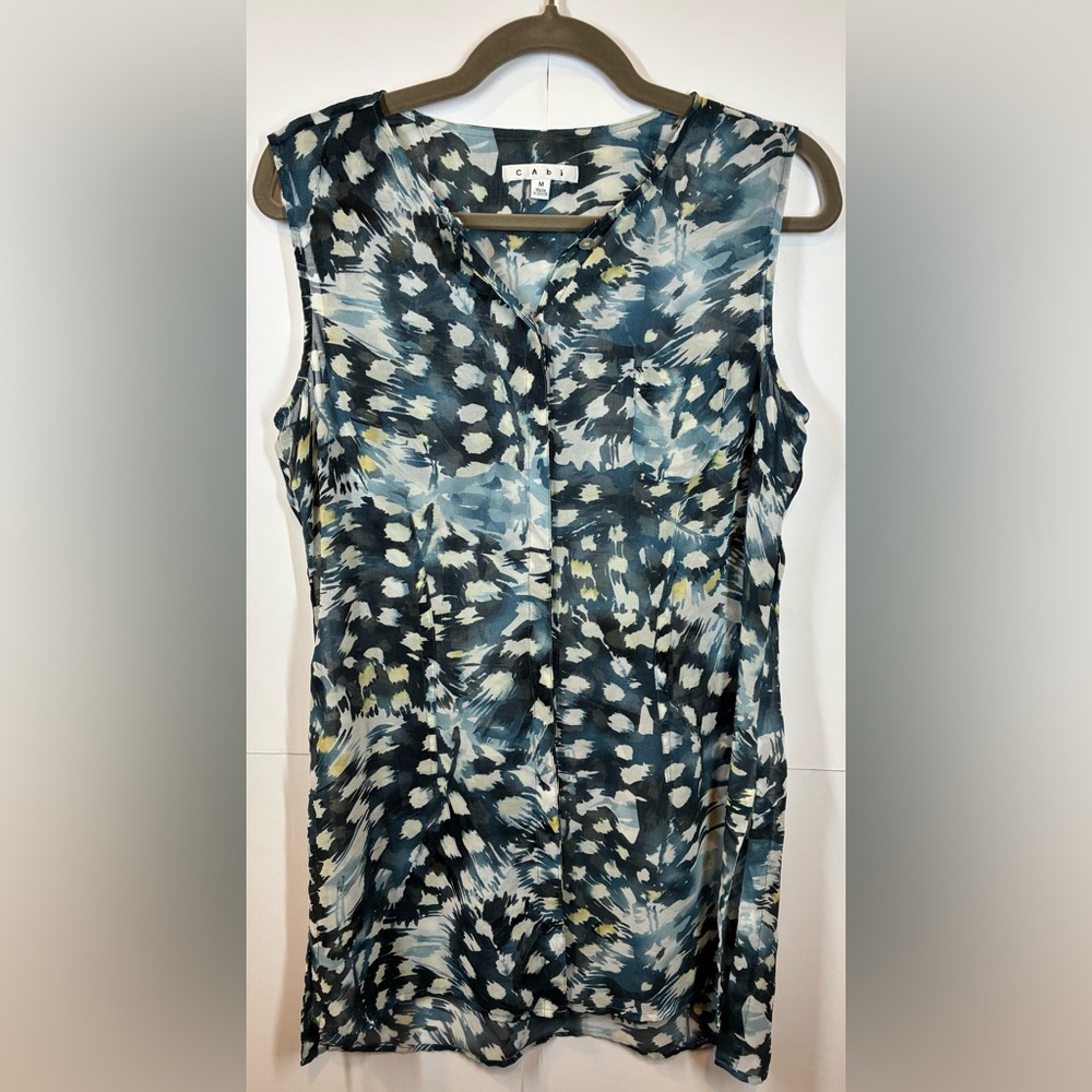 CAbi Sleeveless Abstract Floral Print Sheer Tunic Blouse Blue Black Size Medium